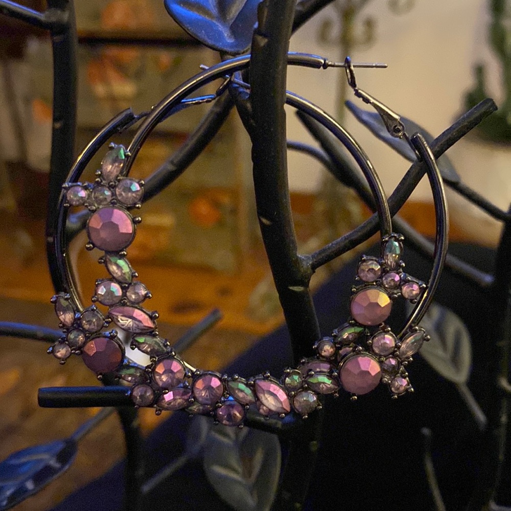 Purple stone large hoop earrings